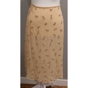 DANA BUCHMAN 100% Silk Beige Side Zip Lined Skirt, Floral Applique, Size 16